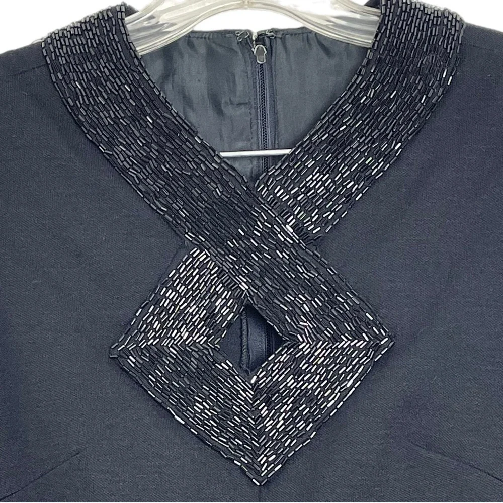 Vintage Black Beaded V-Neck Collar‎ Knit Mid Length Sheath Dress LBD